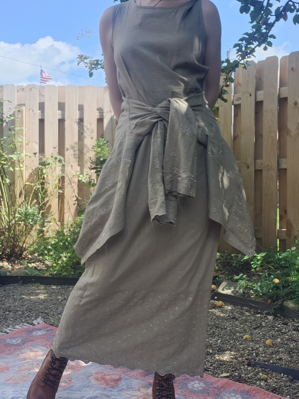Vintage 90s Linen Embroidered Dress And Jacket Set Medium
